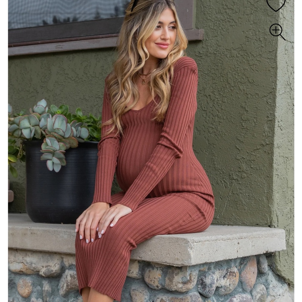 Mocha V-Neck Long Sleeve Fitted Maternity Maxi Dress